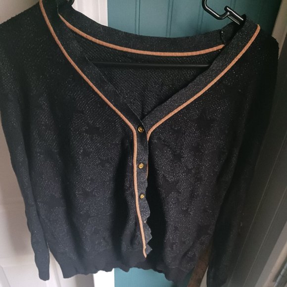 black cardigan with transparent star print & rust-colored piping - Picture 1 of 3